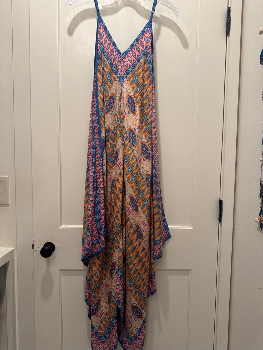 Tolani Mustard, Blue & Pink Asymmetrical Handkerchief Silk Maxi Dress
